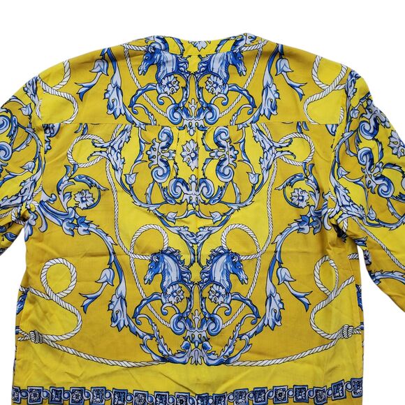Anthropologie Maeve Elan Scarf Print Blouse 0 Yellow Horse Tie Front Equestrian - Picture 15 of 15